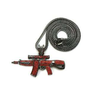 Black with Red Iced Out AK 47 Pendant with a 36 Inch Franco Chain 