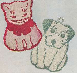 Vintage Crochet PATTERN Pot Holder Cat Dog Kitten Puppy  