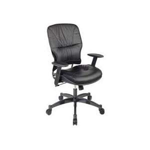   leather upholstery and height adjustable arms with soft pads