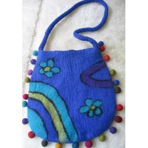  Blue Pompom Fringe Felted Wool Handbag 