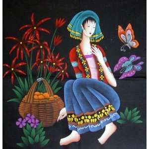  Chinese Painting Batik Tapestry Butterfly Girl Flower 