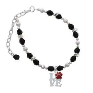  Silver Love with Maroon Paw Black Czech Glass Beaded Charm 