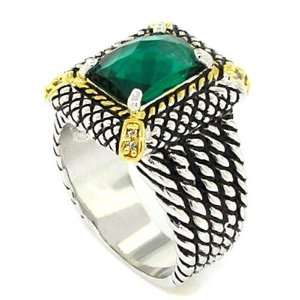  Vintage 2 tone Designer Inspired Ring w/Emerald CZ Size 9 