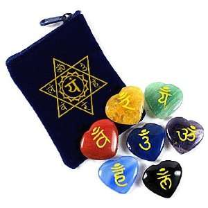  7 CHAKRA HEART STONES SET w/ Engraved Sanskrit Chakra Symbols 
