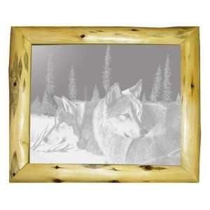    Blue Morning Trackers Wolf Etched Glass Log Mirror