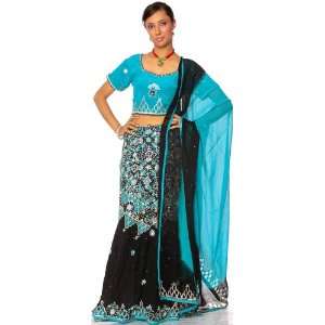  Turquoise and Black Lehenga Choli with Hand Embroidery and 