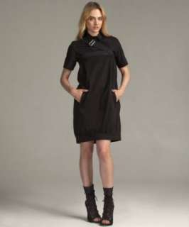 black cotton twill asymmetrical strap dress   