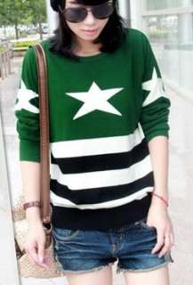 D161 Womens Fashion Stripes & Stars Green Knit Top Soft Thin Jumper 