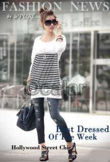 Stripes Long T Shirt Blouse Casual Korea Women Long Sleeve Round Neck 