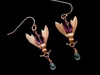   Rose Gold Vermeil Vintage French Bee Wasp Amethyst Aquamarine Earrings