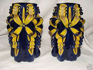 SET OF 2 BLUE AND YELLOW HAND CARVED CUSTOM CANDLES  