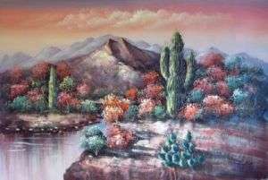Desert Landscape Oil Painting Cactus Lake Mountain 3FT  