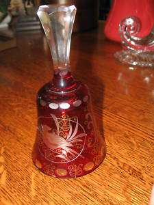 BOHEMIA GLASS RED GLASS PHEASANT ETCHED CRYSTAL BELL  