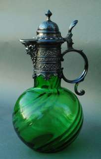 Emerald Green Bohemian Art Glass Ewer w/ Silver Plate Mount   Gorgeous 