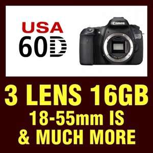 USA Canon Model EOS 60D SLR Body +3 Lens Kit18 55mm IS, Wide, Tele 
