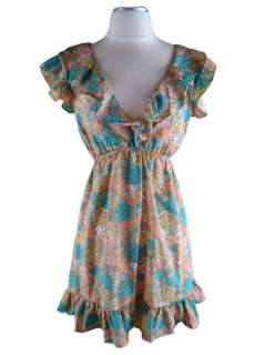70s Style PEACH FLORAL BOHO Flutter Slv Tie Back Sun Dress  