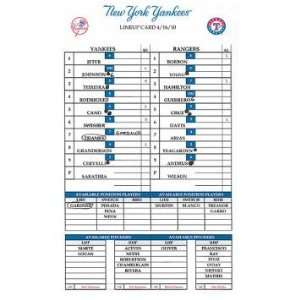  Rangers at Yankees 4 16 2010 Game Used Lineup Card (MLB 