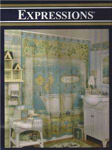   Shower Curtain Bathtub Liner Blue Aqua Yellow Antique Vintage  