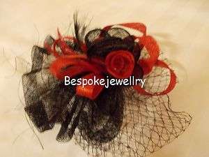 Red Rose Black Net Detachable Hat Accessory Derby Ascot Church 