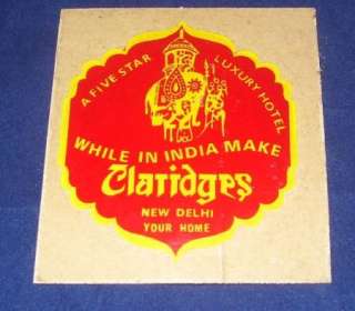 VINTAGE LUGGAGE LABEL STICKER CLARIDGES HOTEL INDIA  