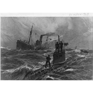   German submarine,Merchant ship on fire,World War I