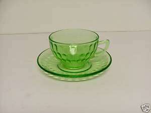 Federal Glass THUMBPRINT Cup & Saucer Green Depression  