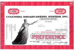 Columbia Broadcasting System NY 1972 Stock Certificate  