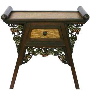   Wood & Rattan End Table / Nightstand With Carved Floral Trim