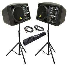 Behringer B205D Portable Powered PA Speakers+(2) Stands+(2) Cables 