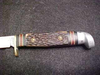 Vtg Western Boulder Colo. Stag Handle Hunting Knife w/Tooled Leather 