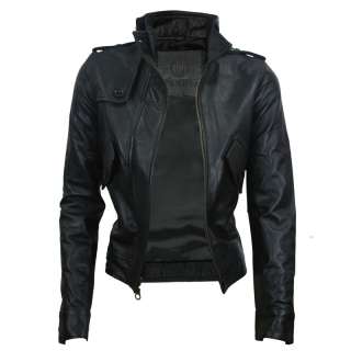 Womens Urban Hooded Hoodie Hood Leather Bomber Jacket  