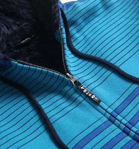 Volcom Stone Dirked Blue Stripe Faux Fur Lined Zip Hoodie Sweatshirt 