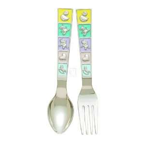   FEEDING SET W/ ICONS   NICKEL PLATED CUP/SPOON/FORK