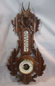   German Black Forest Carved Thermometer/Barometer Head of Stag/Buck