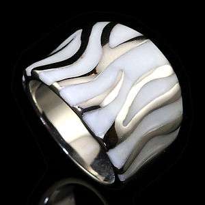 Pearl White Enamel Zebra Print Stainless Steel Fashion Ring  