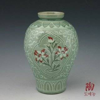 Korean Celadon Glaze Semi round Inlaid Copper Paint Lotus Flower Inlay 