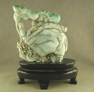 CHINESE OLD JADEITE STATUE LOTUS LEAF CRANE WITH WOOD STAND  