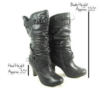   WOMENS TALL FAUX LEATHER HIGH HEEL BUCKLE ZIP UP BOOTS   VERONA  