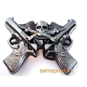  2 Guns Flying Wings Skull Antique Silver Belt Buckle 