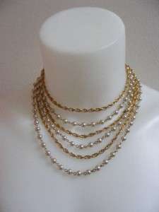   50s 60s CORO Gold Chain Faux PEARLS 6 Strand Choker Necklace  