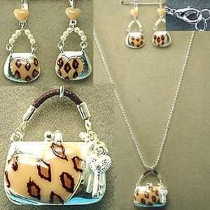  Necklace/Earring Set ~ Dangling Purse ~ Leopard Print 