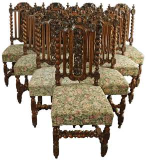 ANTIQUE 1880 FRENCH OAK DINING CHAIR SET/10, HUNTING STYLE, ORNATE 
