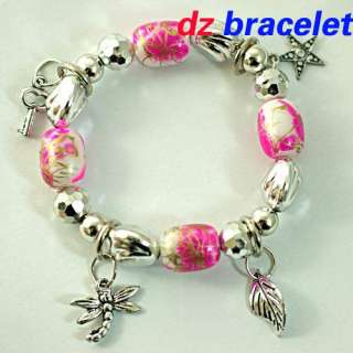   Pink Beads Elastic Stretch Leaf Dangle Cuff Bangle Bracelet  