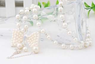 Cute glass pearl beads butterfly bow pendent necklace  