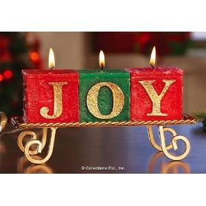  Red and Green Block Joy Candle Set with Gold Base 