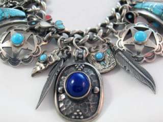 Vintage Sterling Silver Turquoise and Lapis Southwest Charm Bracelet 