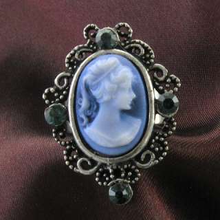 Antique Silver Vintage St CAMEO Ring Blue Stone Crystal Stone Lady 