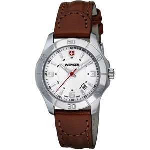  Pin Brooch. Ladies White Gold Dial Brown Leather Strap Alpine Watch 