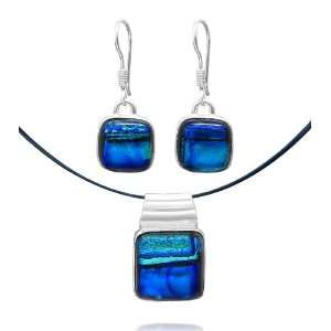  Sterling Silver Dichroic Glass Bezel Set Blue Pattern Square Shaped 