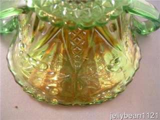 Northwood Panel Holly Green Carnival Glass Handled Bowl  